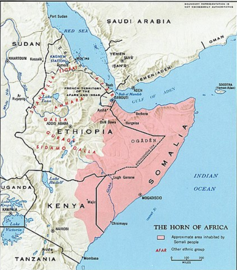 A map of the horn of africa with a red area in it.